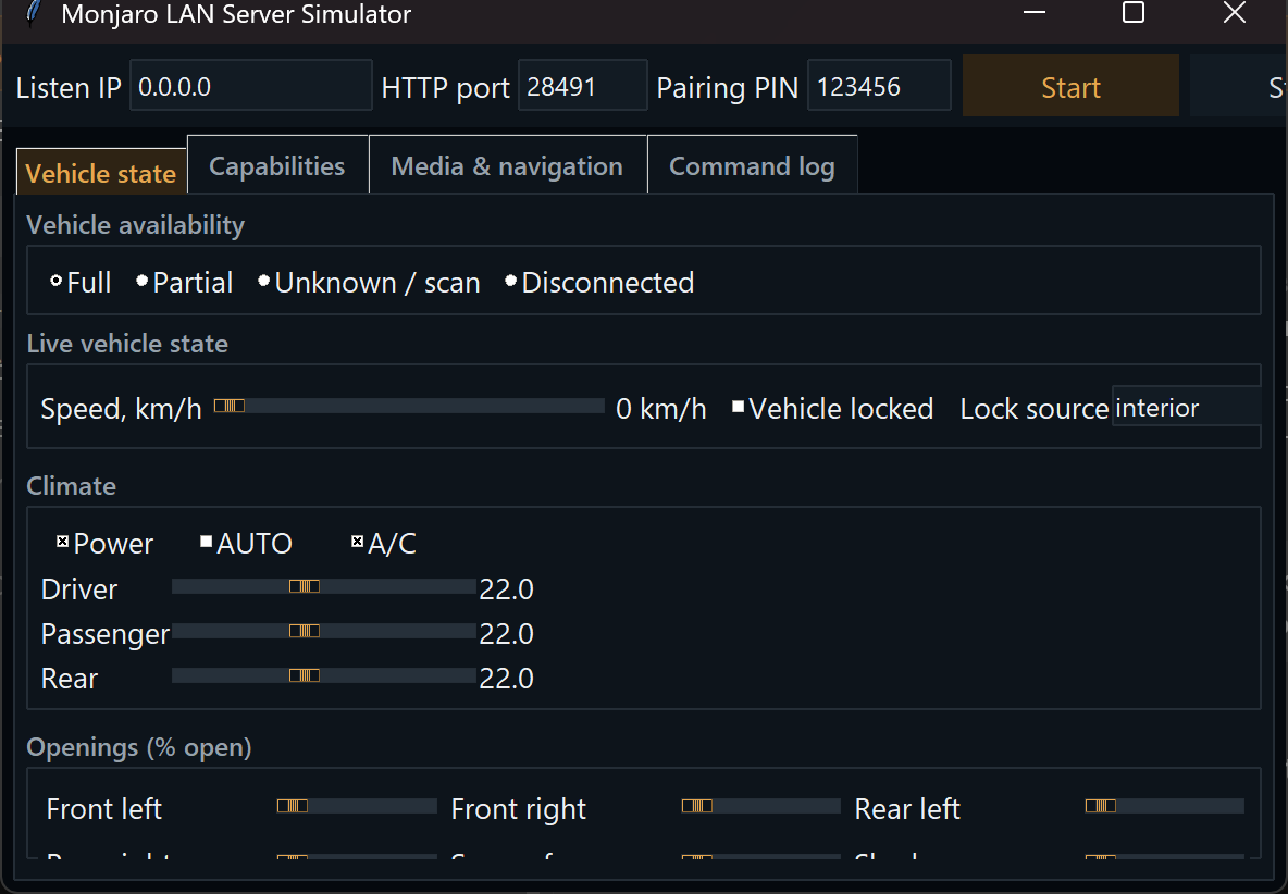 Окно Python LAN Server Simulator с состояниями автомобиля и журналом команд